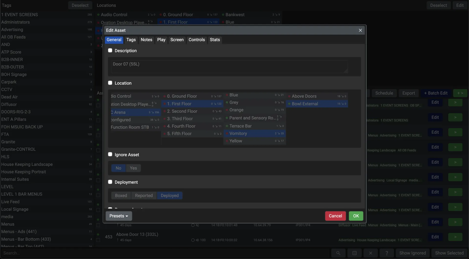 The Edit Asset window in Conductor with the branching list of locations open, over the list of screens