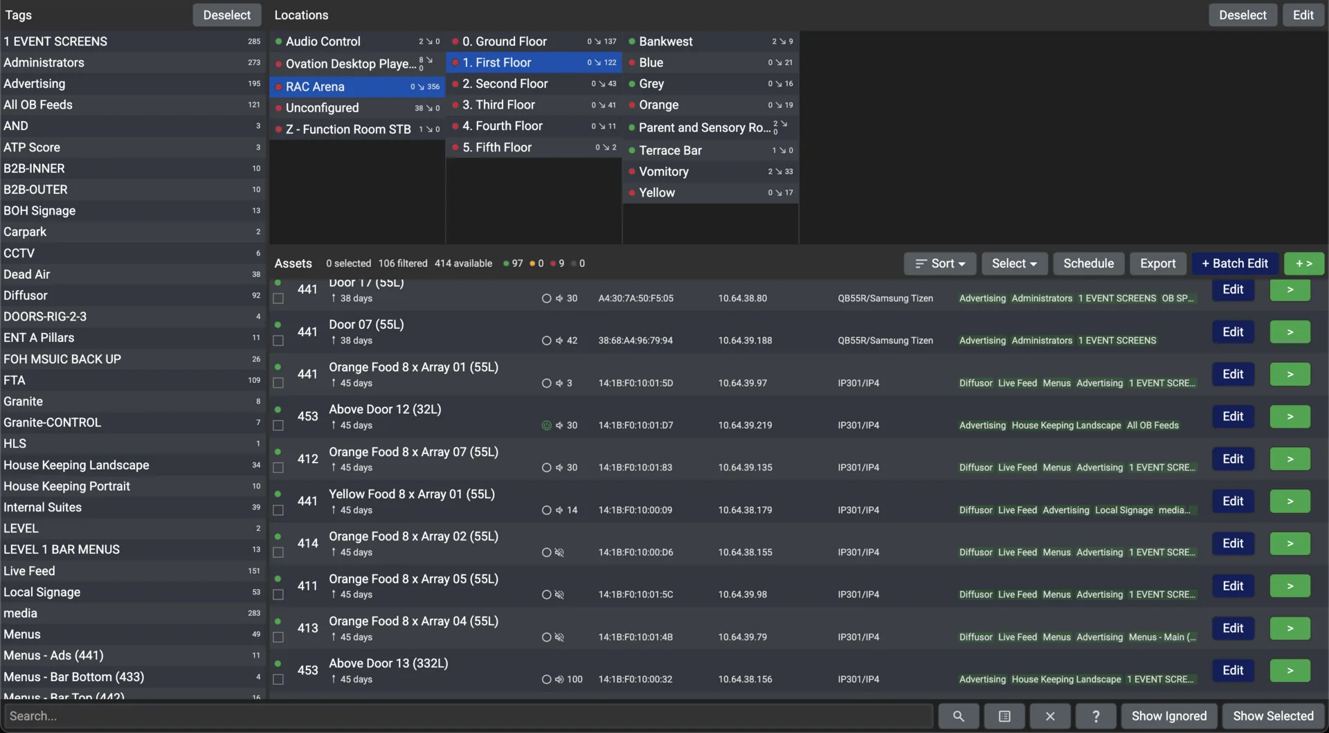 The Conductor main view: tags on the left, the location tree across the top and the asset list below, each row with an online dot, name, last-seen time, MAC, IP and product