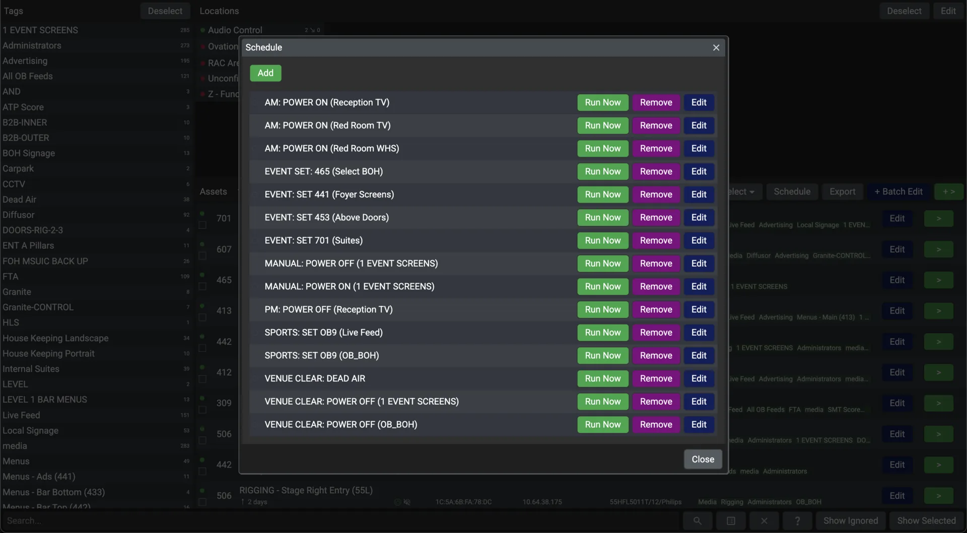 The Schedule window in Conductor: a list of schedules such as morning power on, event channel sets and venue clear, each with Run Now, Remove and Edit
