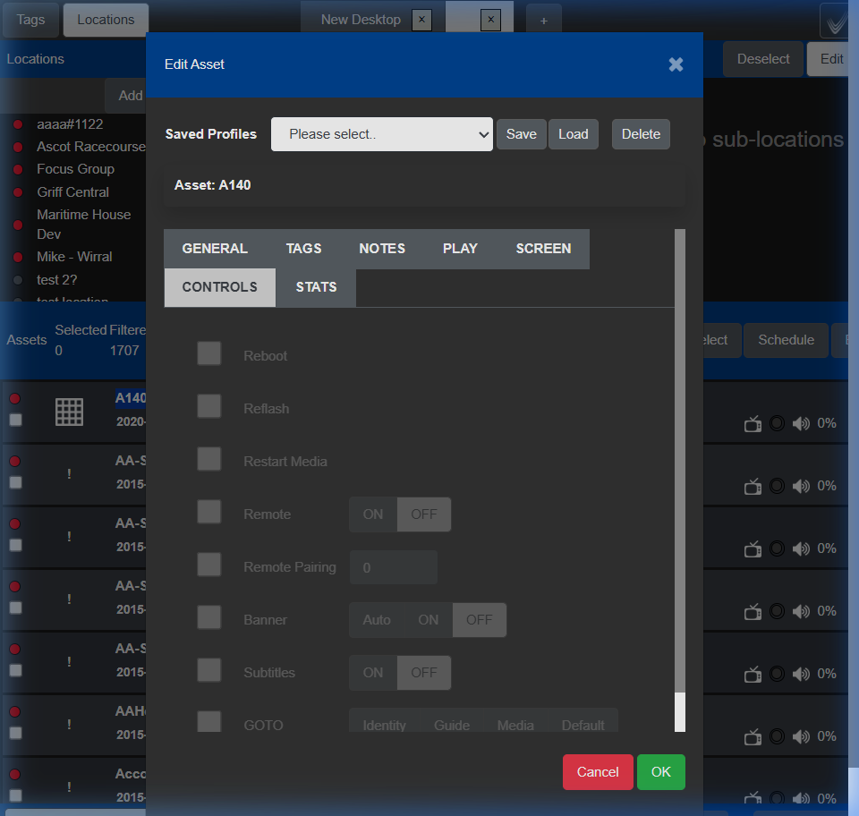 The Controls tab of a screen in Conductor: reboot, remote lock, remote pairing, the channel banner, subtitles and the power-up screen