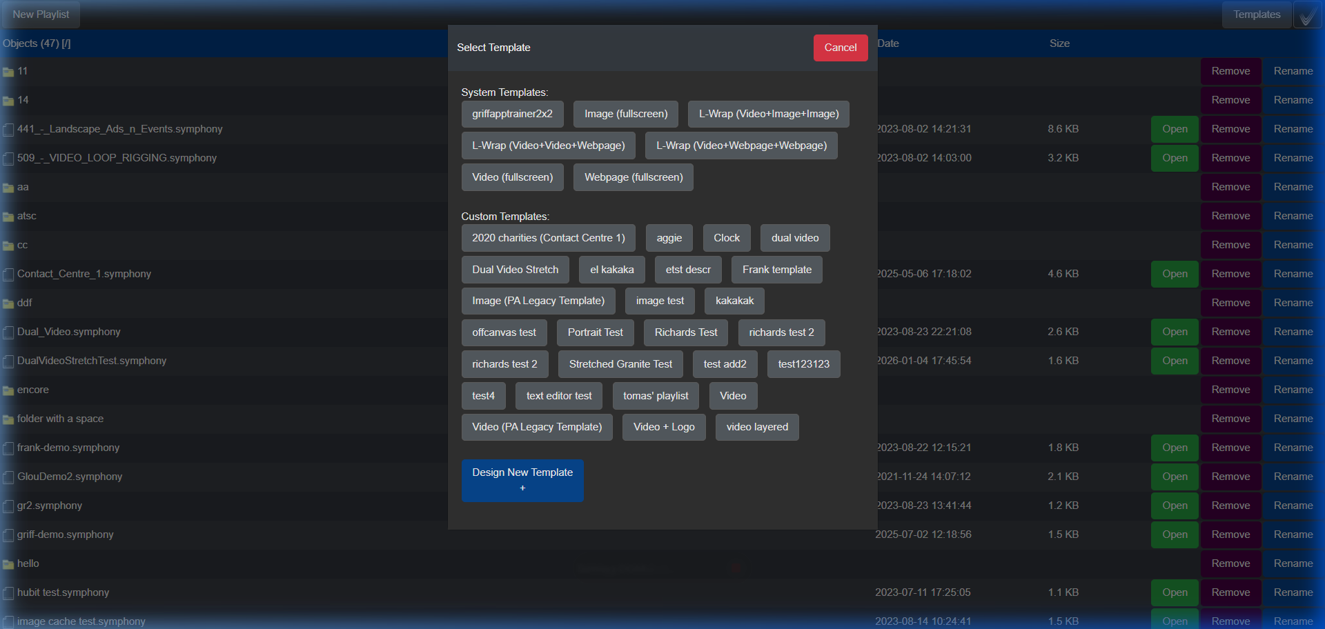 The Symphony template selector, with System Templates and Custom Templates tabs