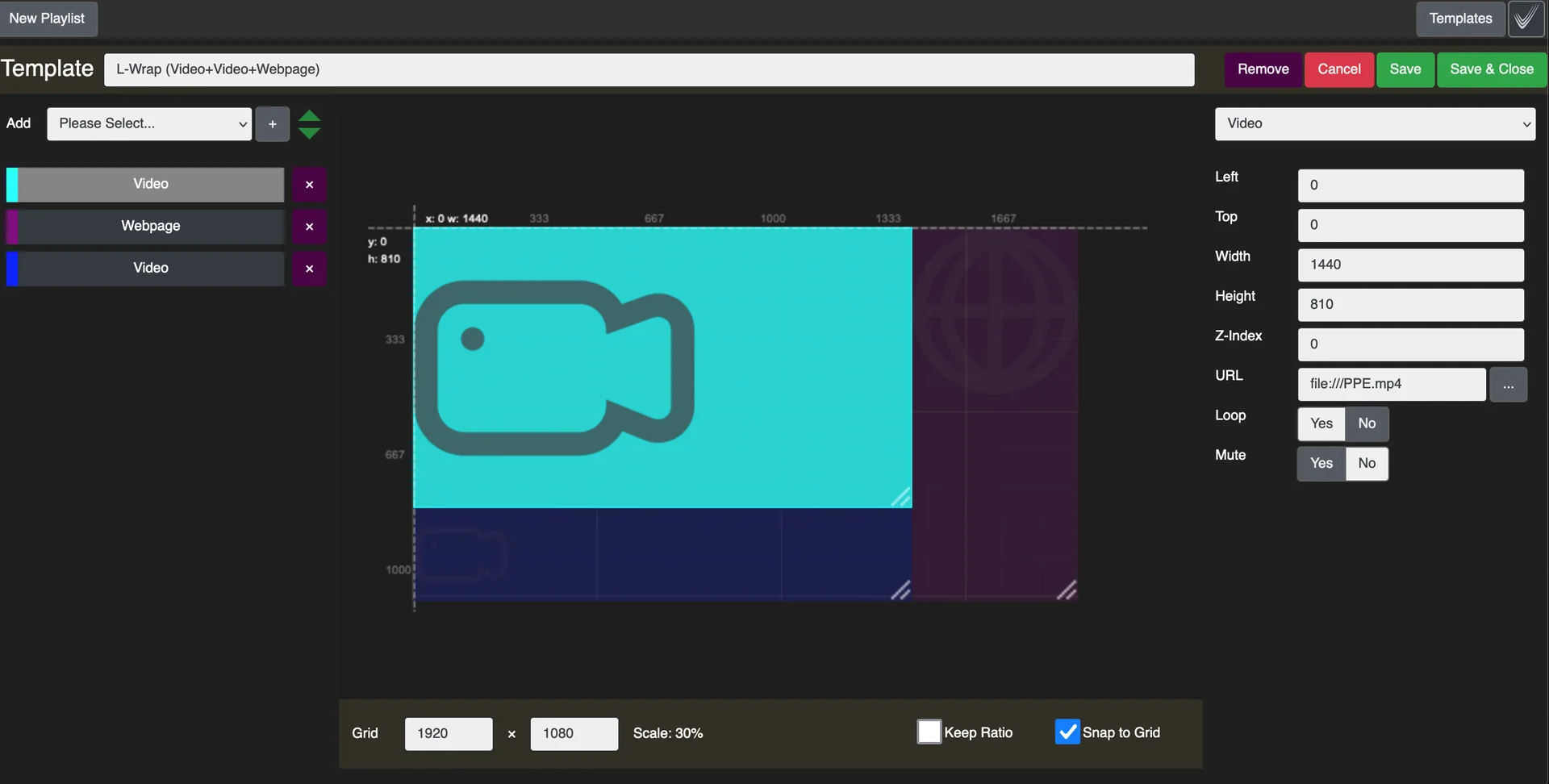 The Symphony Template Designer with a video zone, a webpage zone and a second zone laid out around it