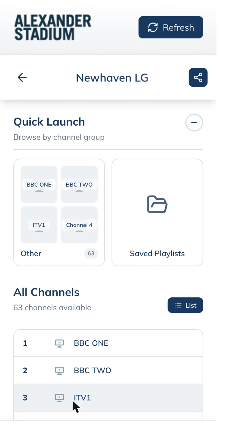 The channel list for one screen in the Alexander Stadium edition, with quick-launch channel groups