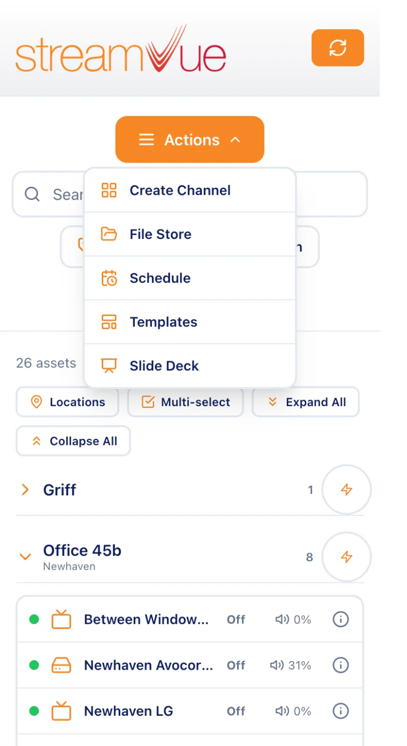 The Actions menu: Create Channel, File Store, Schedule, Templates and Slide Deck