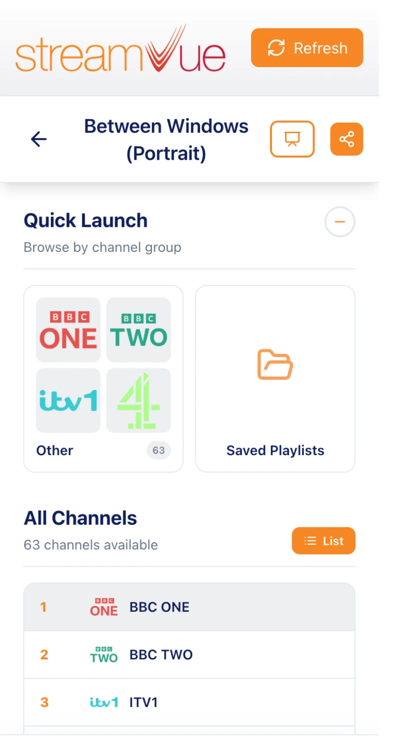 The channel list for one screen, with channel logos and the power, volume and mute controls