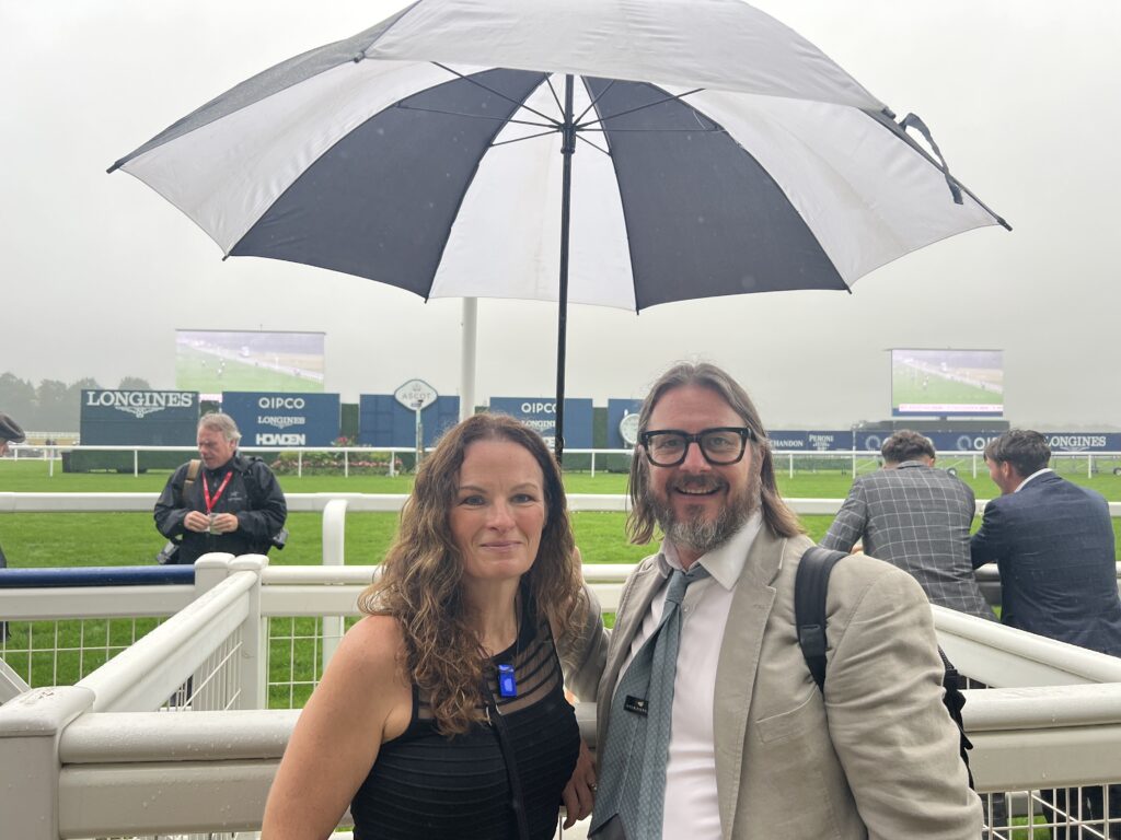 Sally Maxfield and Mark Risby from Digibox at Ascot Racecourse during a live digital signage demonstration