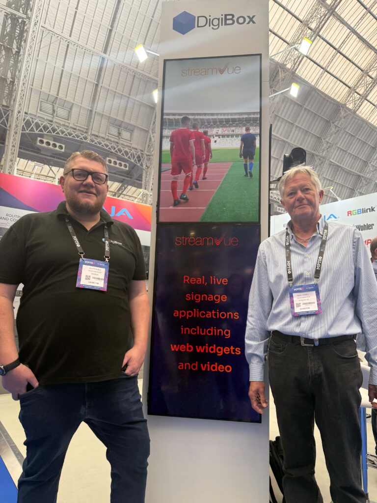 Mark Kinsell and Scott Noble demonstrating StreamVue digital signage at MPTS